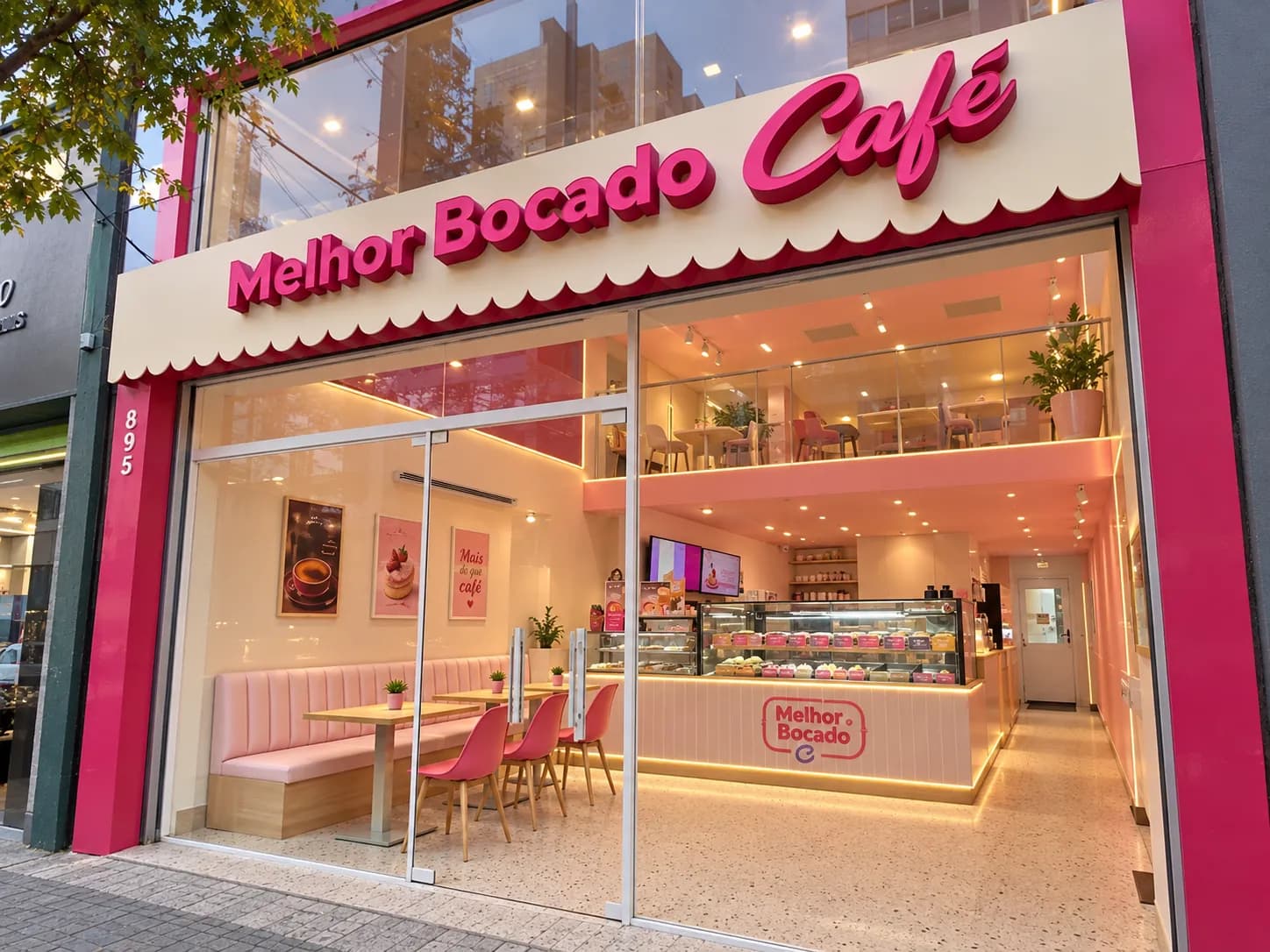Fachada do Melhor Bocado Café Campo Belo com toldo creme e letreiro rosa