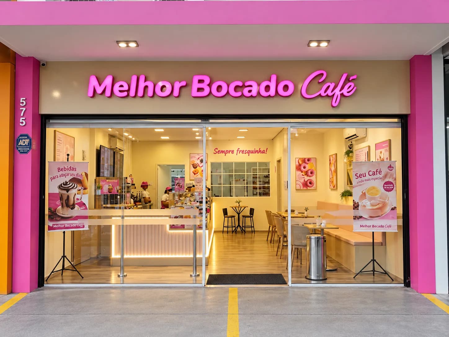 Fachada do Melhor Bocado Café Pinheiros com letreiro rosa e salão aberto para a calçada