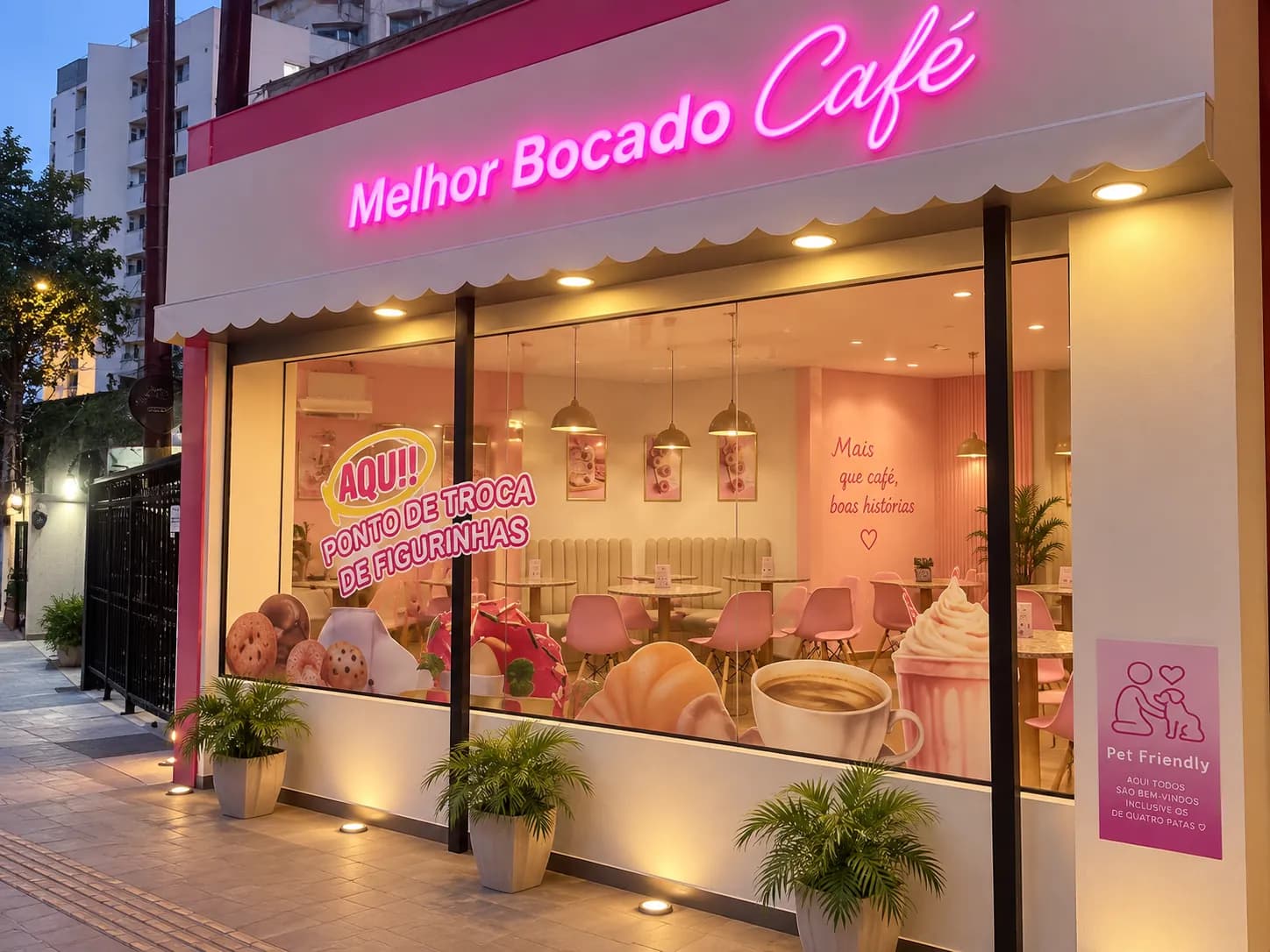 Vitrine do Melhor Bocado Café Santana com letreiro neon rosa ao entardecer