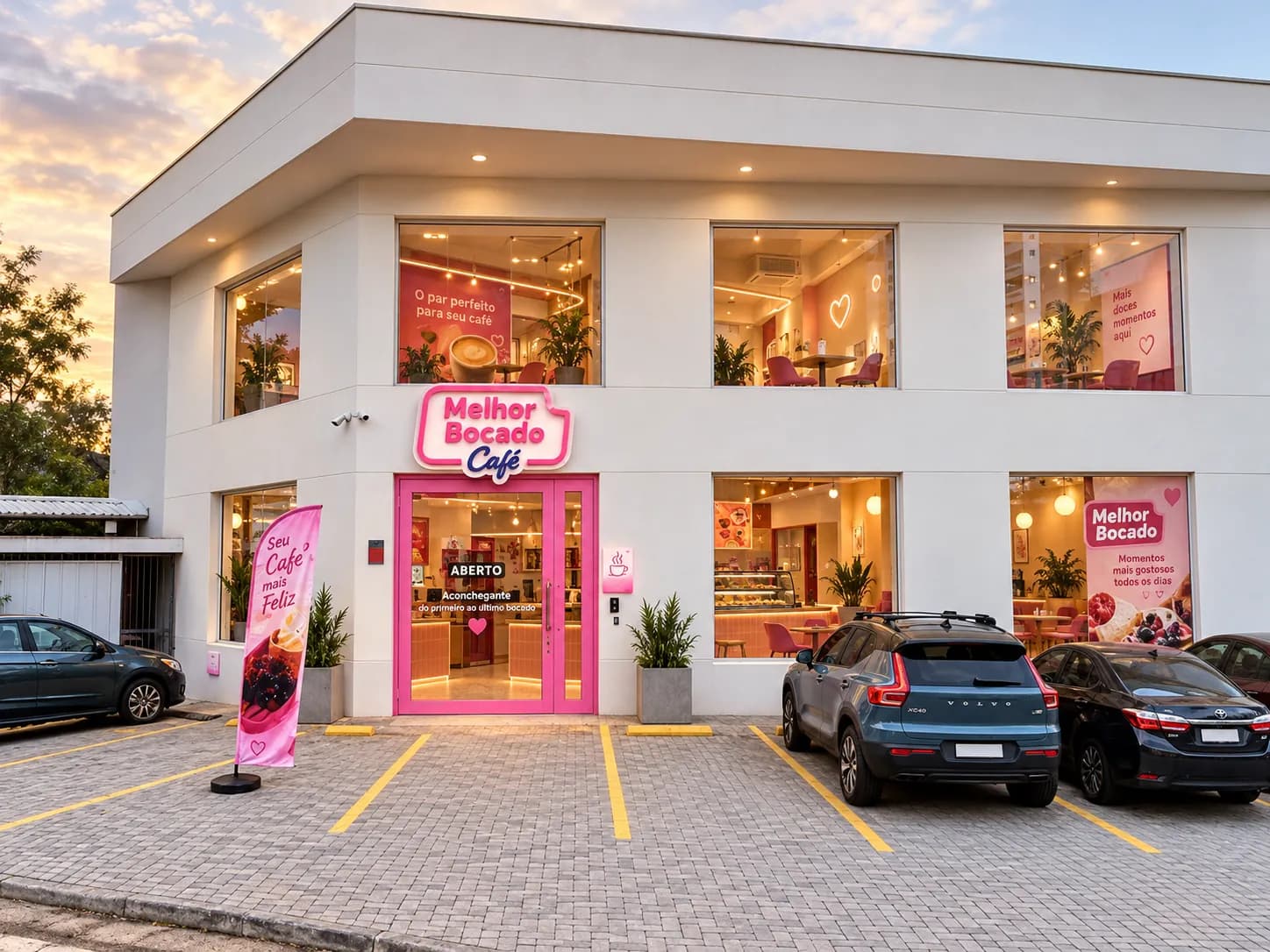 Prédio branco do Melhor Bocado Café Santo Amaro com estacionamento na frente